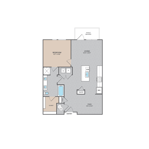 A floor plan of a house with a red room, a living room, a pantry, a flex space, a guest room, a bathroom, and a laundry area.